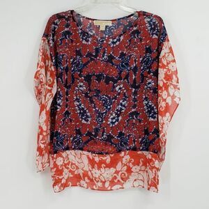 MICHAEL MICHAEL KORS Womens S/M Orange Blue  floral sheer top